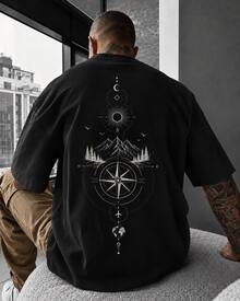 Camiseta de manga corta estampada de gran tamaño con hombros caídos para hombre - Negro 2 - Ver 2