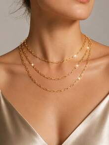 1pc Gold Tone Paperclip Chain Layered Necklace, Minimalist Stackable Link Chain Necklace Set For Women Daily Jewelry - Yellow Gold - View 3