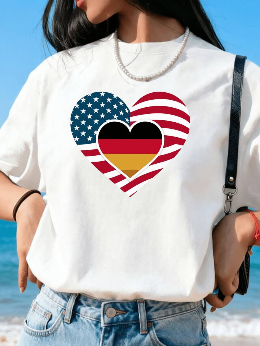 100% Cotton Women Christmas T-Shirt Half Brazilian Half American USA Brazil Culture Flag T-Shirt Print T-Shirt  Comfort Tee Top For Spring & Summer - 黑與白 - 查看 1