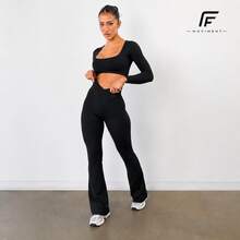 Plain Zero-Transparency Polyamide Flare Long Sleeve Fitness Gym Set - Black - View 2