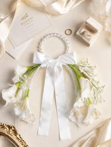 Wedding Bride Accessories, White Calla Lily Bridal Bouquet With Large Pearl Handle And White Ribbon Bow, Corsage - Multicolor - View 9