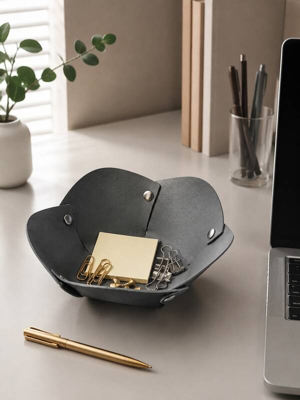 PU Leather Flower Valet Tray, Decorative Catchall Storage Tray With Snap Button Design, Foldable Jewelry Organizer For Keys, Watch, Rings, Coins And Small Accessories, Stylish Desk Organizer For Bedroom, Nightstand, Entryway, Dresser And Home Decor