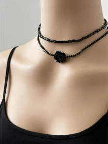 1pc Women's Vintage French Red Rose And Black Rose Flower Double Layer Necklace, Unique Design Choker Collarbone Chain - Necklace - View 9