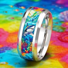 1 PC Fashion Stainless Steel Rings For Men Ocean-Style Great White Shark And Coral Pattern Design Men Rings Jewelry Accessories Everyday Jewelry Gift - Silver - View 10