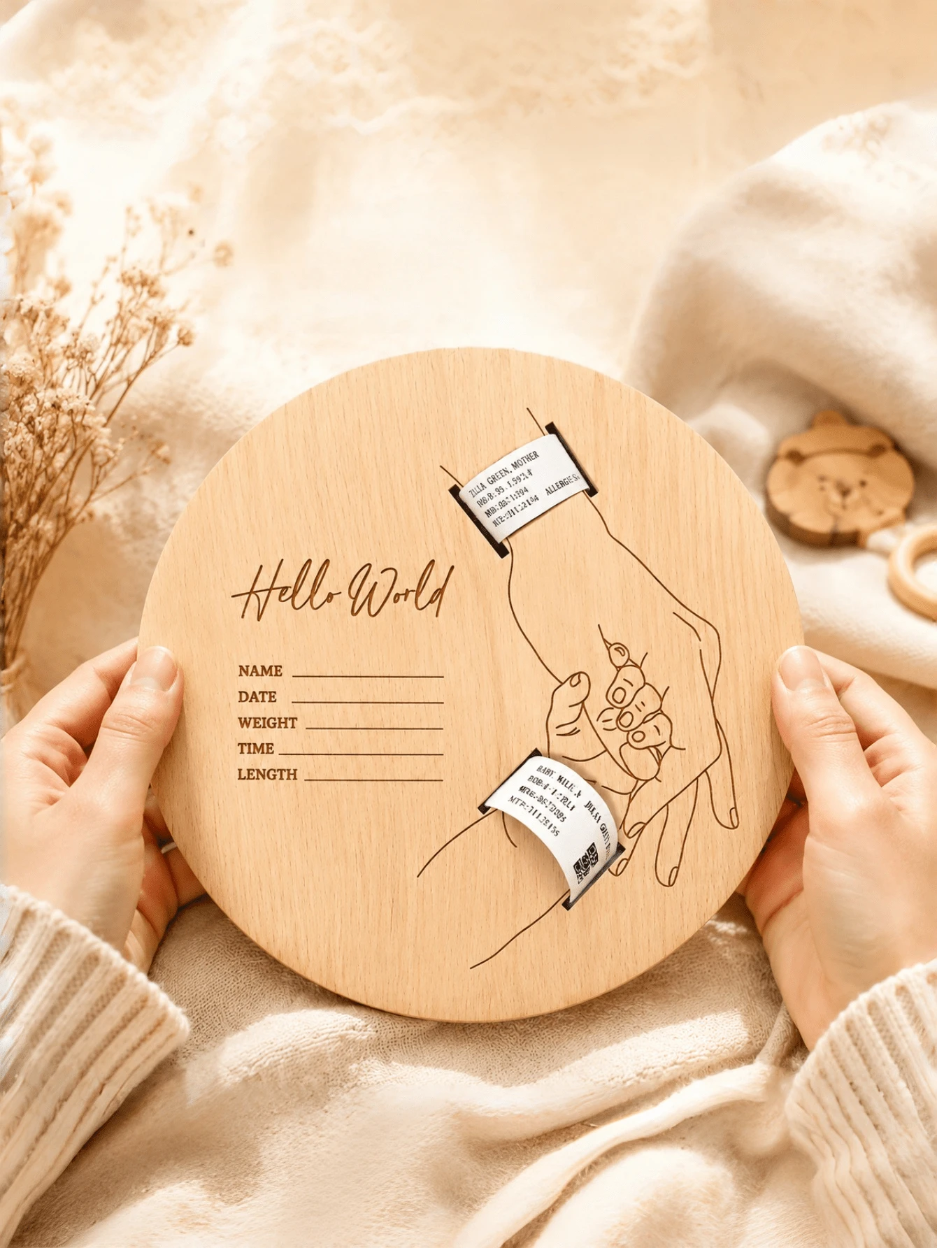 Newborn Announcement Hospital Bracelet Sign,Wooden Engraved Baby Birth Personalized Name Diy Hello World Board,Keepsake For New Parents - Round - View 1