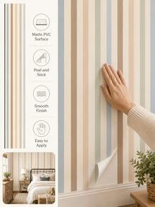 Soft Macaron Color Striped Self-Adhesive Wallpaper, Removable, 4 Colors Available, 17.72*118.11 Inches, Bedroom Living Room Decor - Multicolor - View 5