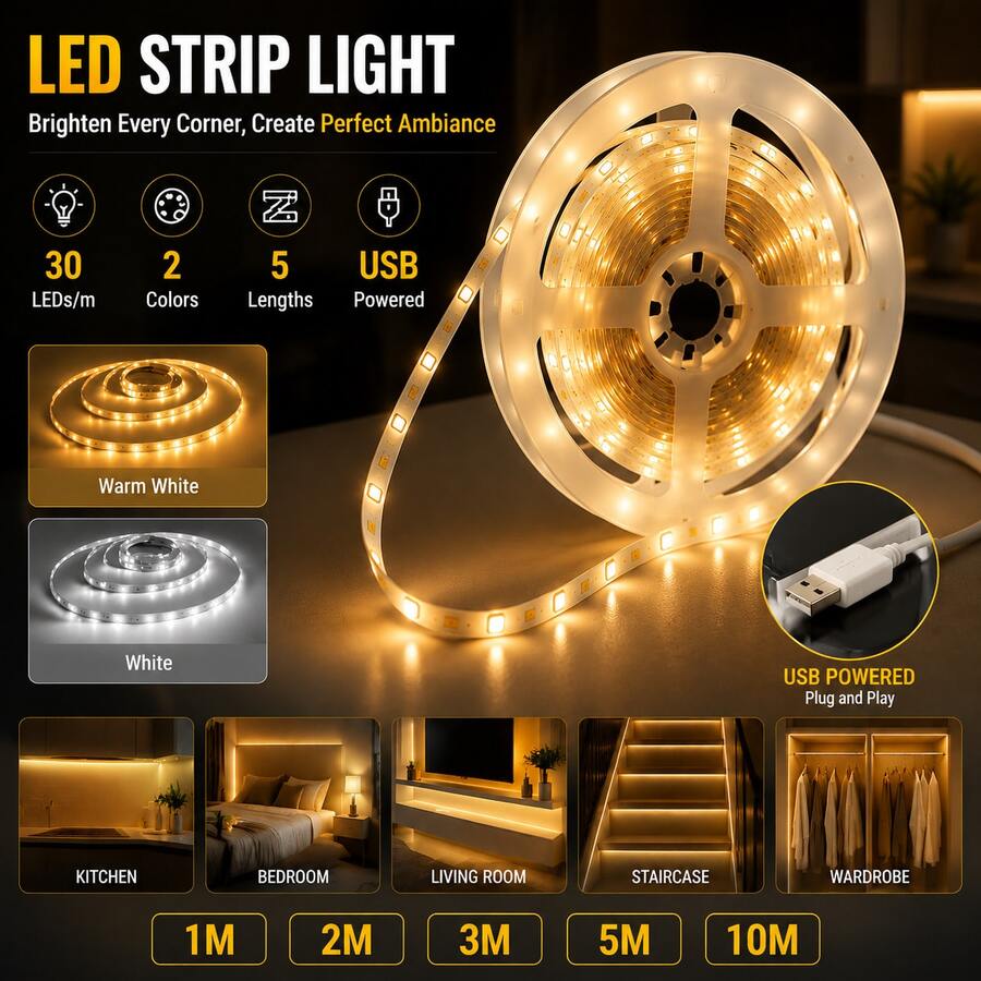 10m/5m/3 Meters/2m/1m, Smart Easy Install White USB-LED Button Switch Light Strip, With Switch - Multi-Functional And Cuttable, LED Light Strip, USB Powered, With Button Control, Warm White, Bedroom, Closet, Kitchen Cabinet Decoration Easy Installation, Bedroom LED Light Perfect Fit, Great For TV Backlight, Bedroom, Living Room Decoration, Office Desk Accessories, Travel, Camping, Party And Birthday Gifts, Living Room Light