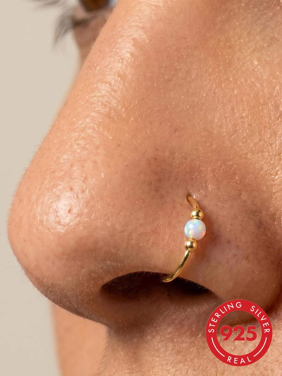 1pc Opal Nose Ring, Women's Nose Ring, 9mm Sterling Silver Nose Ring, Piercing Jewelry, Septum Ring Soft Consumables - Gold - View 1
