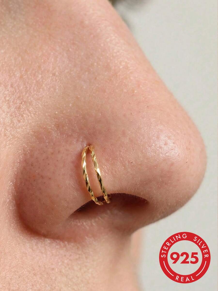 1pc 20G 9mm 925 Sterling Silver Nose Ring Earring Cartilage Piercing Septum Ring Snap Ring Soft Cartilage Double Ring Twisted Nose Stud Jewelry - Twist Gold - View 1