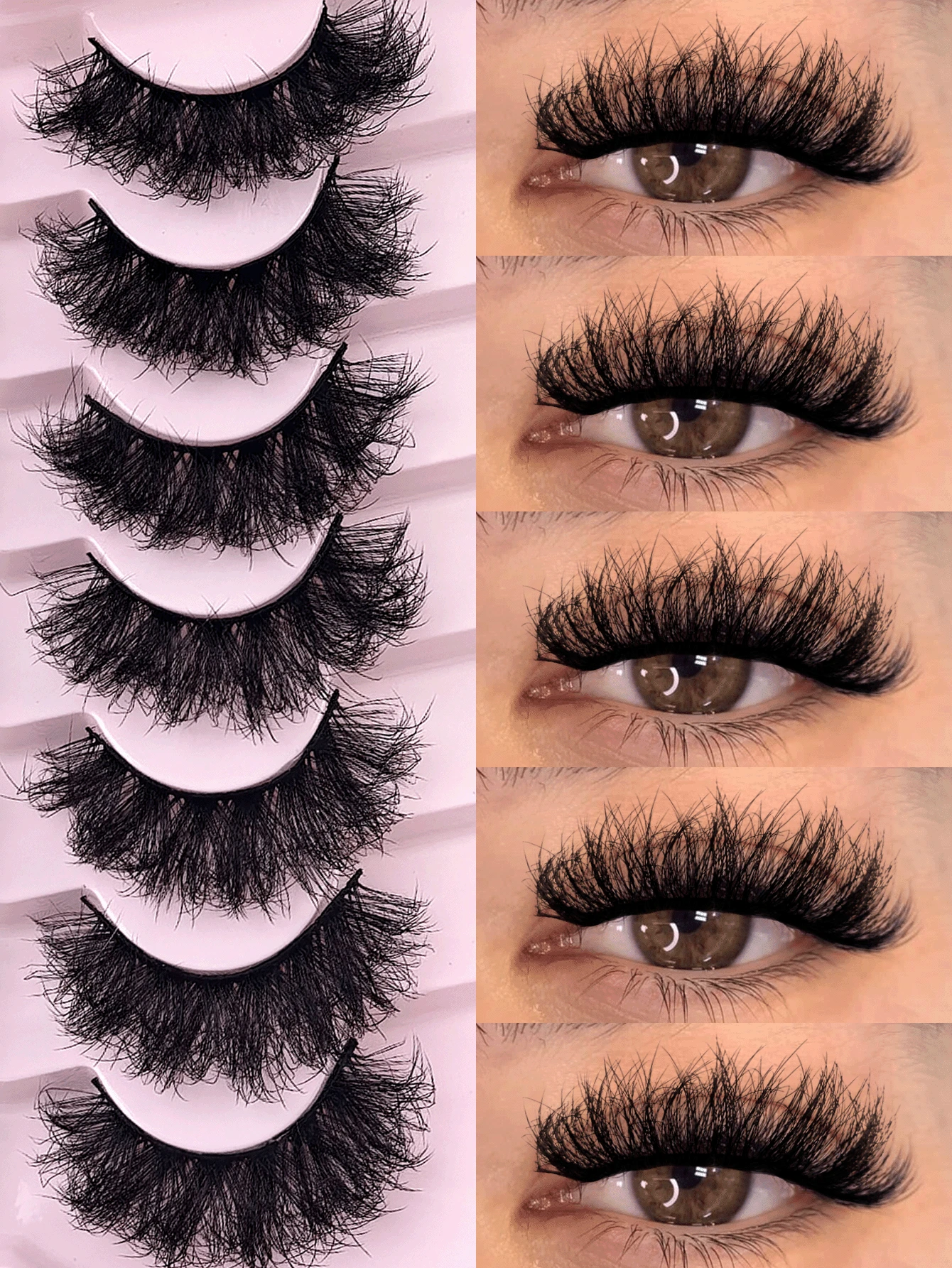 7 Pairs False Eyelashes Fluffy Thick 6D Faux Mink Eyelashes Curly Dramatic Handmade Fan Strip Lashes Suitable For Parties Daily And Stage Makeup - 黑色 - 查看 1