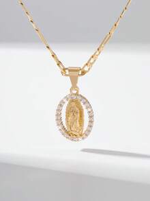 4pcs Virgin Mary Pendant Necklace, 14k Gold Plated Copper Exquisitely Crafted, Paired With 60cm Classic Figaro Chain, Carrying Blessing And Protection Meaning, Suitable For Commuting, Shopping, Holiday Gifts, Church Prayer, Simple And Timeless Design. - Yellow Gold - View 5