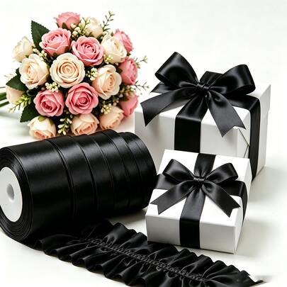 25 Yards/Roll Black Satin Ribbon, Suitable For DIY Rose Flower Material, Satin Ribbon Decoration, Gift Packaging, Ribbon For Wedding, Party, Bows, Christmas Decoration
