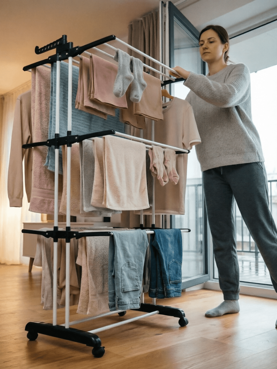 Foldable Stainless Steel Clothes Drying Rack With 4 Movable Casters. It Comes With 24 Clothes Hanging Rods And 14 Hooks, Ideal For Bedding And All Types Of Garments.