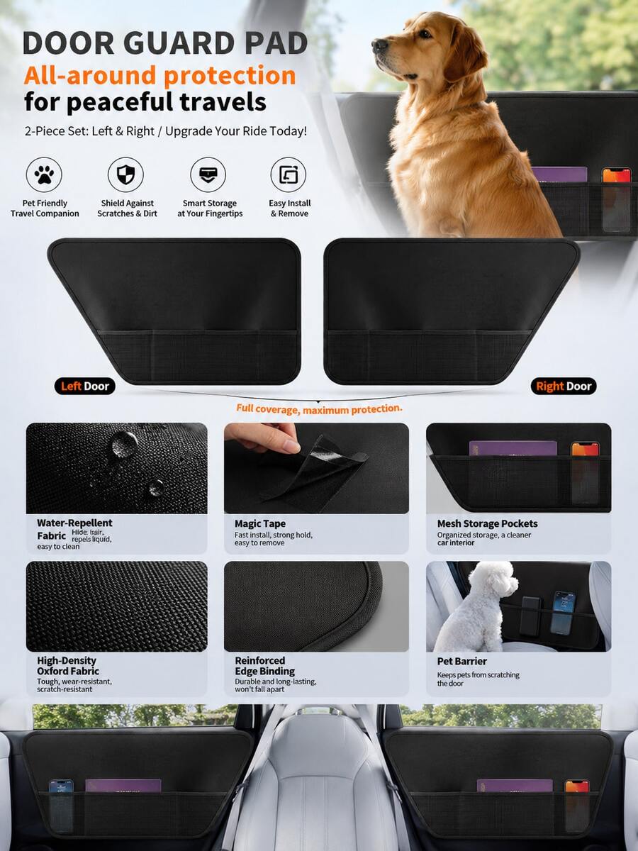 Car Door Dent Protector For Dogs Pets Kids, Interior Door Panel Anti-Scratch Anti-Kick Cover, Waterproof Auto Door Guard Protection Pad With Mesh Storage Pocket, Universal Fit Oxford Fabric Car Interior Accessory For SUV Truck, Black - Multicolor - View 1