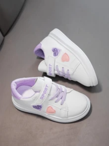 Girls' Heart Design White Sneakers, Spring/Autumn New Purple & Pink Color Block Hook & Loop Strap Board Shoes, Soft Sole Non-Slip Casual Sports Shoes For School - Mauve Purple - View 2