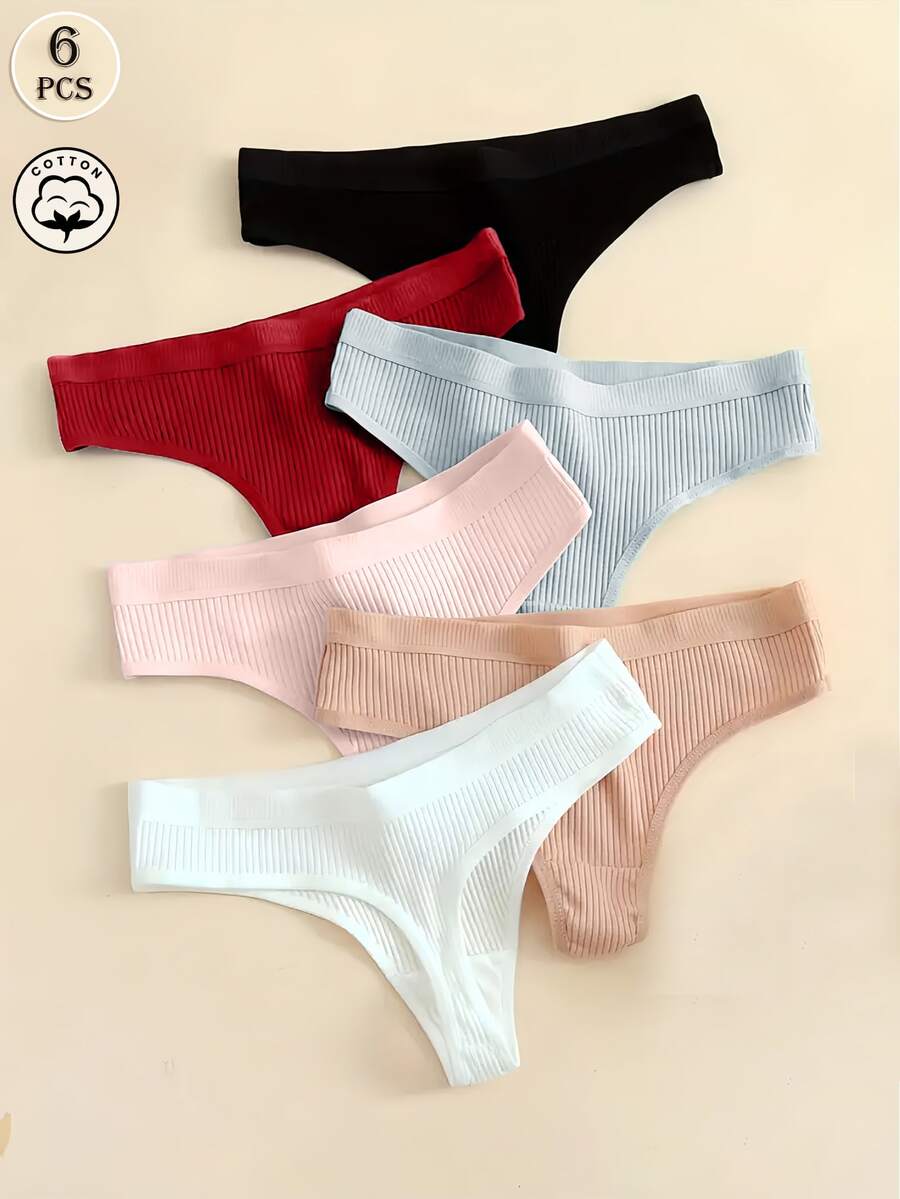 6pcs Women's Solid Color Simple Breathable Rib Thong Panties - Multicolor - View 1