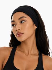 Solid Color Yoga Headband, Soft Cotton Elastic Sweat-Absorbing Non-Slip Headband, Unisex, Breathable Running Fitness Sports Sweatband - Black - View 5