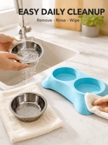 1pc 2-In-1 Pet Double Bowl Set, With 2 Detachable Stainless Steel Food And Water Bowls, Wide PP Base, Easy To Clean Feeding Station, Suitable For Cats, Dogs, Puppies And Small Dogs For Indoor And Outdoor Daily Use. 2pcs-Trapezoidal Bowl + Stainless Steel Bowl/1set - One Size Fits All - View 4
