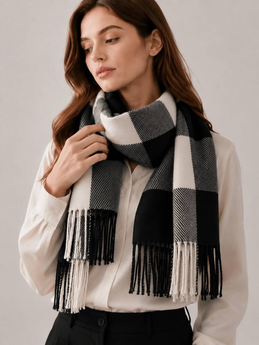 1 pièce Écharpe minimaliste à carreaux pour femme, épaisse, chaude et douce, avec franges, châle enveloppant surdimensionné, élégant et à la mode - Noir et Blanc - Voir 1