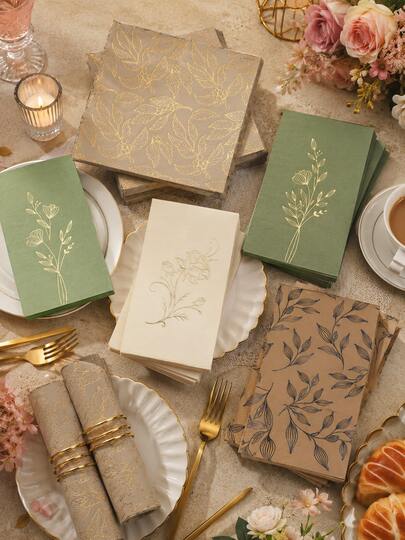 20pcs Vintage Gold Foil Leaf Pattern Disposable Thick Napkins, Mori Style Wedding Party Decoration Paper