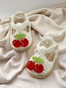 1 Pasang Sandal Bayi Rajutan Tangan dengan Aplikasi Buah Ceri, Putih dan Krem, Sepatu Bot Bayi Perempuan - Putih - View 5