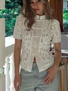 Spring/Autumn Elegant White Lace Crochet Floral Stand Collar Fitted Blouse, Fashion Commuter Top With Design Sense, French Romantic Style Summer - White - View 2