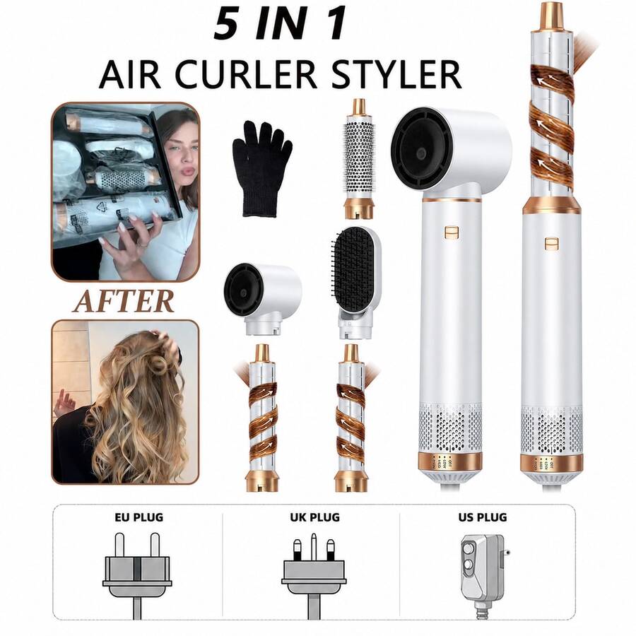 ATOPSKINS 2026 Upgrade 5-in-1 Föhn-Styling-Set & Automatisches Lockeneisen & Glättkamm | 3 Temperatureinstellungen + 5 abnehmbare Aufsätze | Automatisches Locken | Locken/Wellen/Glatt/Glatt/Volumen/Nach innen gerichtet/Nach außen gerichtet | Geeignet als Geschenk zu Weihnachten, Valentinstag, Karneval und St. Patrick's Day | Roségold/Schwarzgold/Blaugold | Geeignet für Home-Styling, Auffrischen unterwegs, Date-Party, Reise-Essential