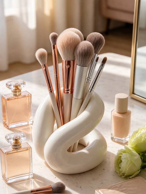 Minimalist Design White Resin Makeup Brush Holder And Storage Box; Makeup Brush Holder, Toothbrush Holder And Dressing Table Decoration,Make Up Organizer,Organization And Storage,Make Up Organizer.