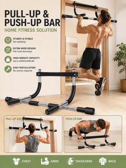 Barra de dominadas y barra para interiores, ideal para usar en casa. Un aparato de fitness versátil que sirve de apoyo para dominadas y flexiones. Perfecto para hombres que desean ejercitar el pecho, los brazos y los hombros. Adecuada para quienes entrenan en casa o en el gimnasio.