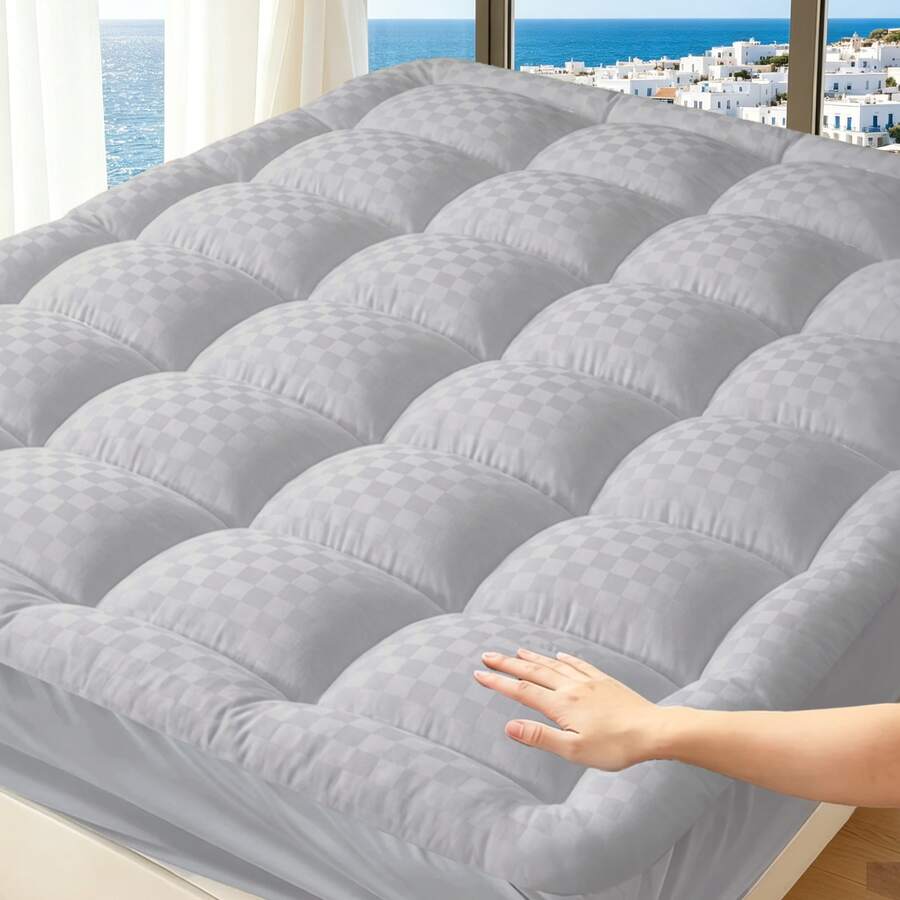 Cooling Mattress Cover, Breathable Fluffy Mattress Topper With 8-21" Deep Pocket-Machine Washable -RV, Bed, Sofa/Couch -Ultimate Summer Gift For Family, Home -Twin/Full/Queen/King Size, An Ideal Choice For Summer Bedroom Mattresses. - Ash Checker - View 1
