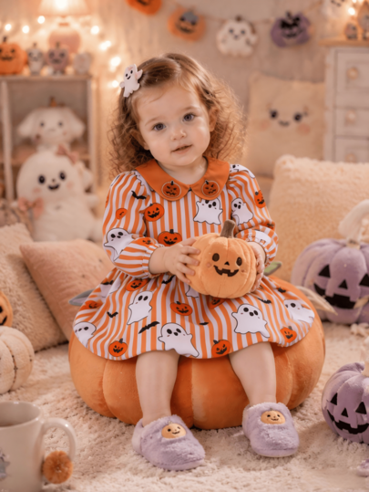 Baby Girl Halloween Autumn New Pumpkin 3D Patch Ghost Face Striped Print Long Sleeve Dress Orange Ruffle Collar Cute Puff Skirt, Festive Atmosphere Princess Dress, Casual Fashion Holiday Outdoor Daily Vacation Party Versatile