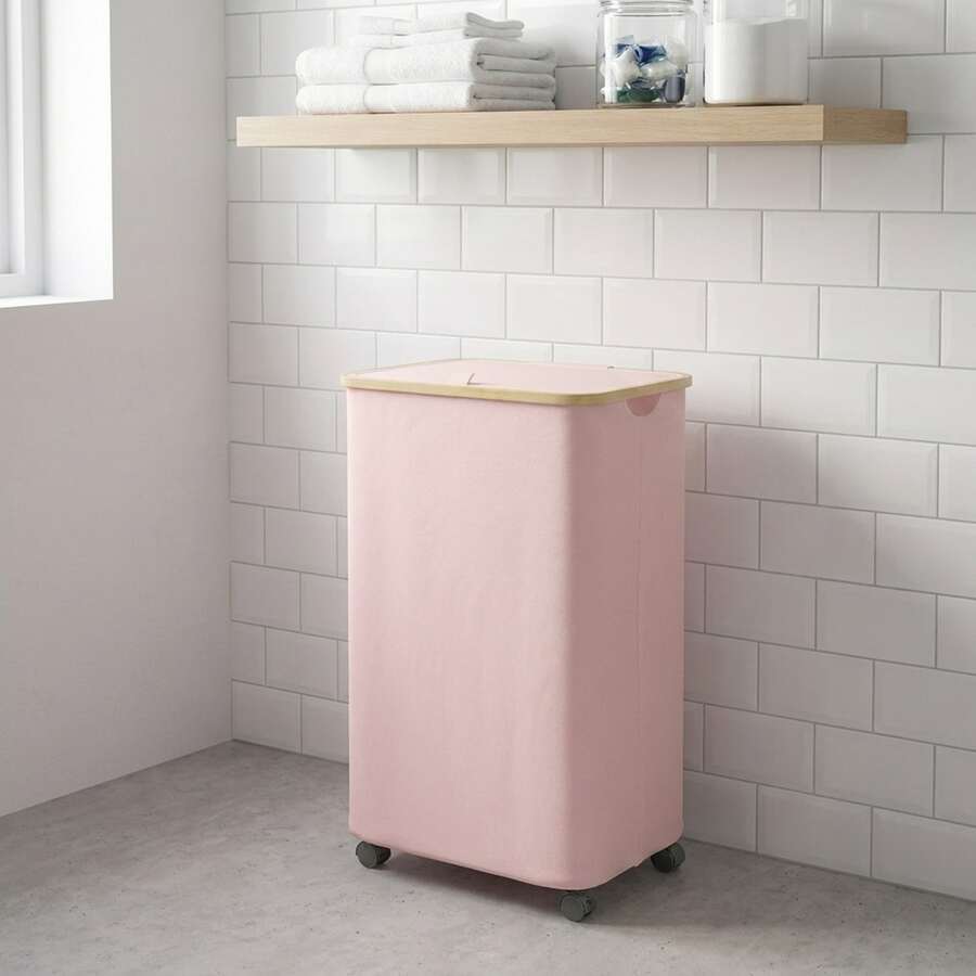26 Gal (100L) Rolling Laundry Hamper With Wheels And Lid For College Dorm - Back To School Large Clothes Basket With Bamboo Handle, Portable Dirty Clothes Organizer Bins For Dormitory & Bedroom - 粉色 - 查看 1