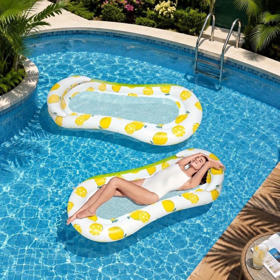 1pc Inflatable Water Float, Fresh Lemon Print Inflatable Lounger, Durable And Tear-Resistant, Leak-Proof And Damage-Resistant. Hollow Mesh Design In The Middle, Cool And Breathable In Water, No Sticky Skin, Body Fits The Water Surface. Raised Inflatable Edges On Both Ends, Forming Natural Headrest And Leg Support, No Slipping When Lying Down, Full Body Relaxation Without Pressure. - Multicolor - View 1