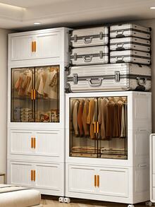 1 pieza Armario plegable para almacenamiento de ropa con puertas transparentes, armario portátil de varias capas con ruedas, estantería de almacenamiento apilable, adecuado para ropa, juguetes y zapatos, fácil de montar, estantería de almacenamiento de ropa - Especificaciones múltiples - View 4