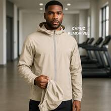 Men's Waterproof Windbreaker With Removable Hood Black Sports Jacket For Gym Or Running - 米色 - 查看 5