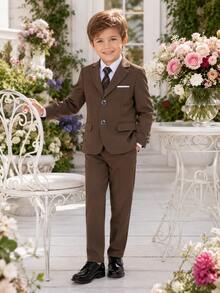 Young Boy Suit Set, Young Boy Piano Performance Outfit, Wedding Flower Boy Dress, 3-Piece Set: Suit Jacket + Pants + Tie - Brown - View 8