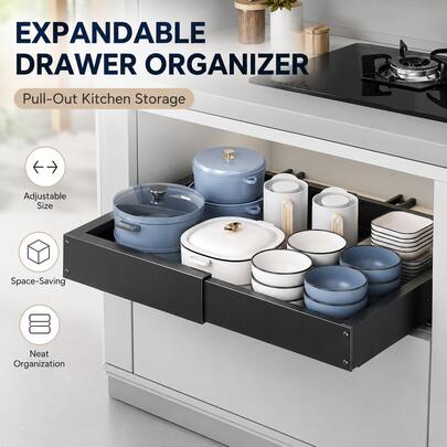 Organizador de cajón extraíble y expandible para gabinete, estante de almacenamiento con cesta para fregadero y cajón de cocina
