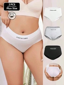 3pcs Set Plus Size Women Breathable Letter Print Lifting Triangle Briefs - Multicolor - View 2