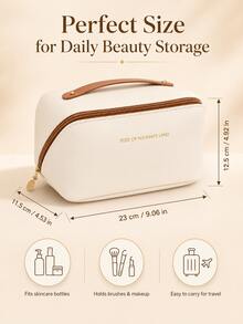 Waterproof PU Leather Cosmetic Bag, Makeup Organizer Pouch, Portable Toiletry Bag, Waterproof PU Skincare Storage Bag, Large Capacity Double-Layer Makeup Bag With Compartments, Spacious Toiletry Bag With Dividers - Multicolor - View 6