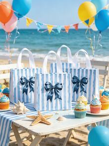 6pcs Ocean Theme Bow Gift Bags, Blue Bow Paper Gift Bags, Women's Birthday Christmas Party Favor Candy Bags With Handles, Suitable For Beach Party Decoration, Hawaiian Party Decoration, Summer Decoration (Blue, Large Bow) - Multicolor - View 9