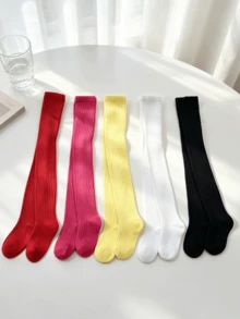 5雙女童純色羅紋褲襪，高彈性柔軟針織內搭褲，適合日常與派對穿著的兒童基礎層襪 - 彩色 - 查看 6