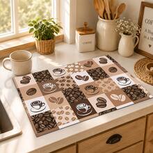 1pc, Home Decor, Coffee Pattern Printed Dish Drying Mat, Coffee Machine Absorbent Mat, Sink Drainage Mat, Cup Absorbent Mat, Kitchen Supplies, Bathroom Supplies, Kitchen Countertop Decoration - Multicolor - View 2