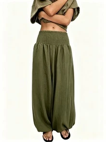 Casual Pleated Waist Solid Color Loose Long Pants - Army Green - View 1