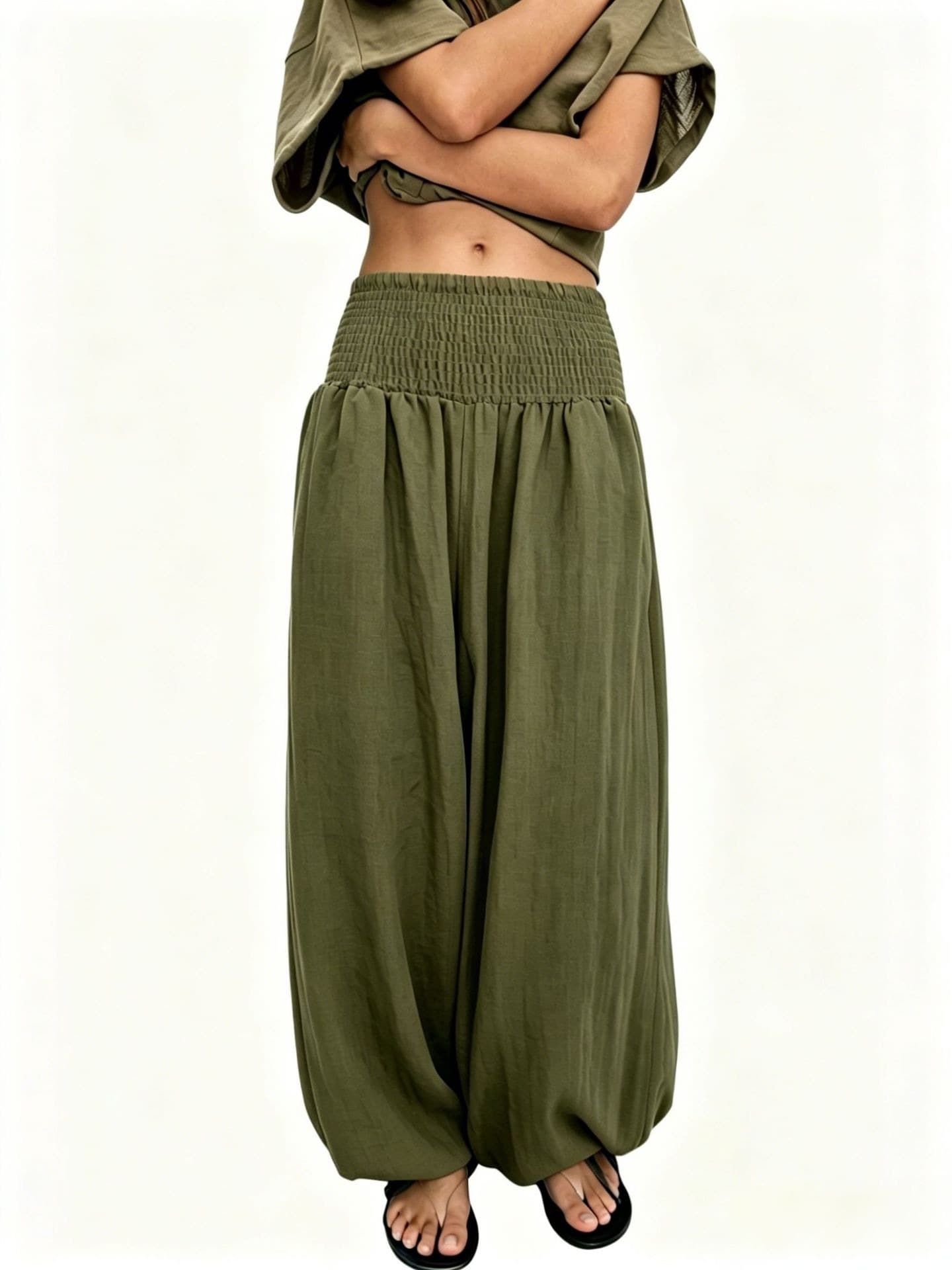 Casual Pleated Waist Solid Color Loose Long Pants - Army Green - View 1