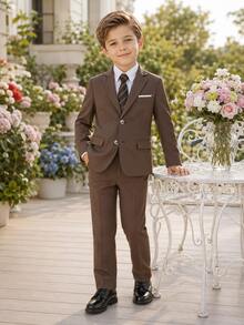 Young Boy Suit Set, Young Boy Piano Performance Outfit, Wedding Flower Boy Dress, 3-Piece Set: Suit Jacket + Pants + Tie - Brown - View 1