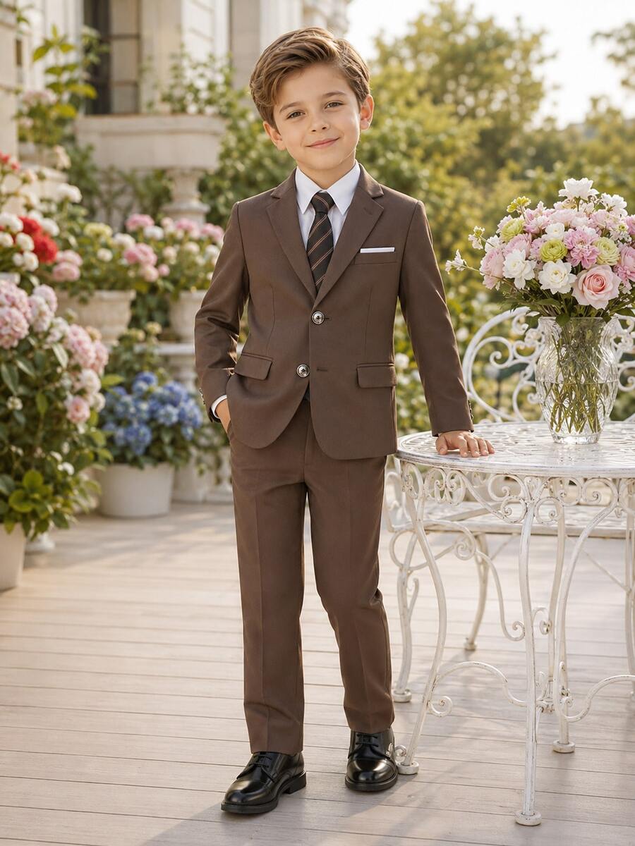 Young Boy Suit Set, Young Boy Piano Performance Outfit, Wedding Flower Boy Dress, 3-Piece Set: Suit Jacket + Pants + Tie - Brown - View 1