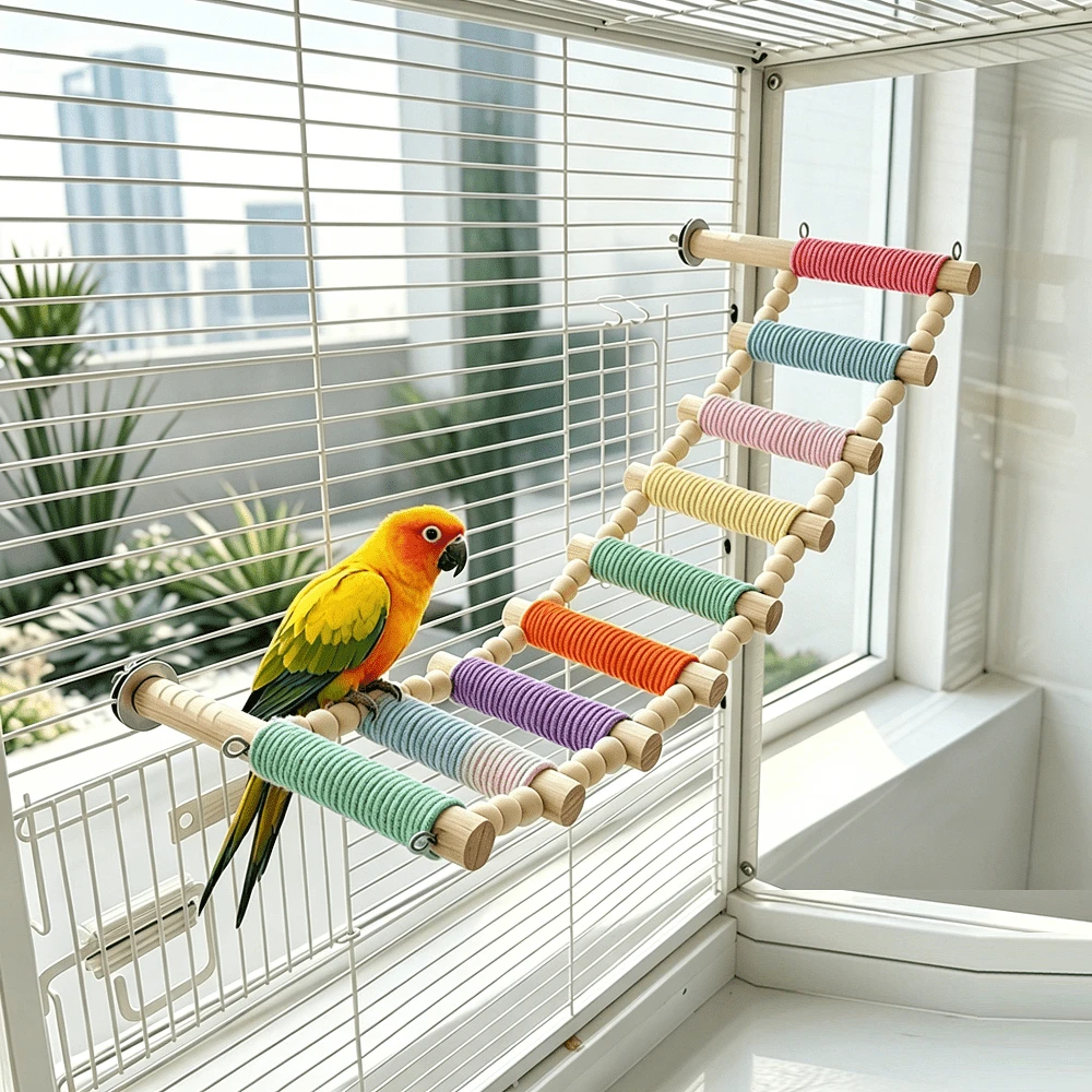 1pc Colorful Rope Braided Parrot Ladder Perch, Macaron Style Climbing Toy Bird Swing, Multi-Level Interactive Bird Cage Accessory, Suitable For Budgies And Parrots, All Seasons - View 1