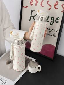 1 Stück 600ml isolierter Becher mit Blumen-Schleife, vakuumisolierter Becher mit Griff und Trageband, Edelstahl-Innenfutter, Kalt- & Heißgetränke Reisebecher, tragbarer Wasserbecher für Frauen, perfektes Urlaubsgeschenk - Weiss - Übersicht 10