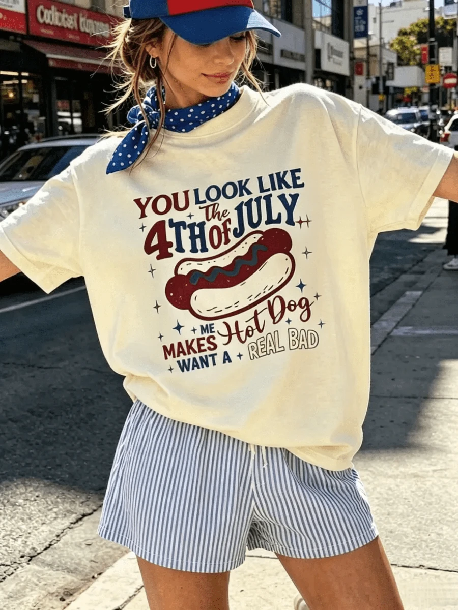 Hot Dog Vintage Letter Graphic Tee, Women Loose Crew Neck Short Sleeve Summer Top, Vacation Beach Streetwear Going Out Women Clothes - 杏色 - 查看 1