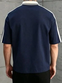 Kaos Pria Bermotif, Jersey Brasil - Nomor 10 Legendaris, Kain Rajut Bernapas, Desain Leher V Kontras - Navy Blue - View 3